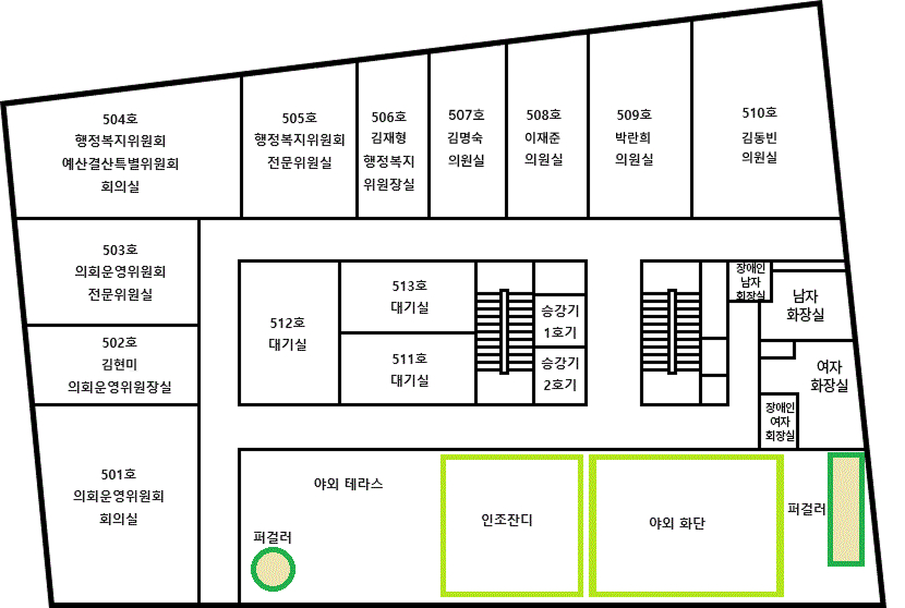 청사 5층 평면도 입니다. 북서쪽에서 시계방향으로 504호 행정복지위원회 예산결산특별위원회 회의실, 506호 행정복지위원회 전문위원실, 506호 임채성 행정복지위원장실, 507호 이현정 의원실, 508호 김현미 의원실, 509호 김광운 의원실, 510호, 장애인 남자화장실, 남자화장실, 여자화장실, 장애인 여자화장실, TPS, EPS, AV, 501호 의회운영위원회 회의실, 502호 유인호 의회운영위원장실, 503호 의회운영위원회 전문위원실, 512 대기실, 513호 대기실, 511호 대기실, PS가 위치해 있습니다.